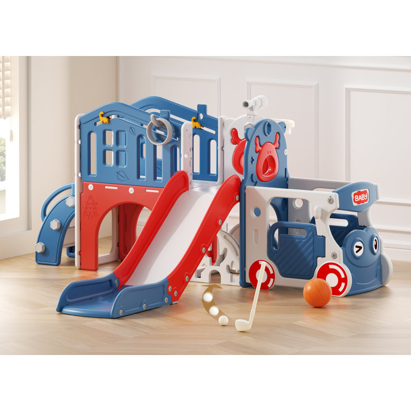 Ensemble de glissade pour tout-petits 10 en 1, glissade pour enfants sur le thème du bus avec panier de basketball, ensemble de jeu intérieur / extérieur