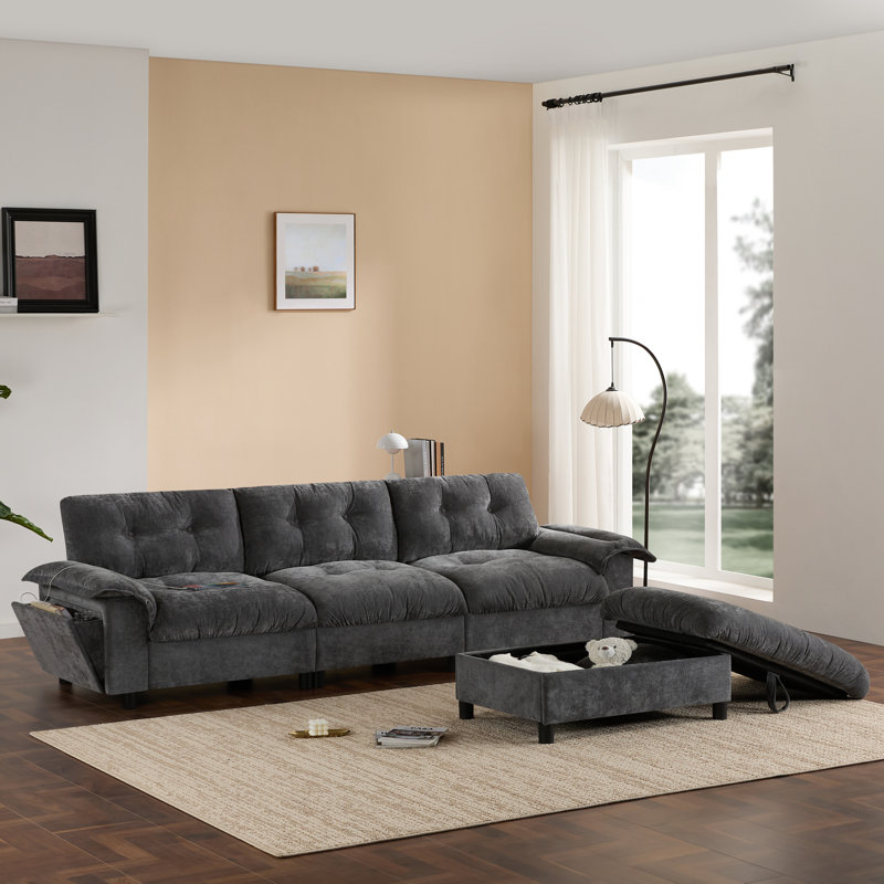 Malaquas L-Shape Chenille Sectional Sofa with Storage Ottoman & Charging Ports, Dark Gray Chenille