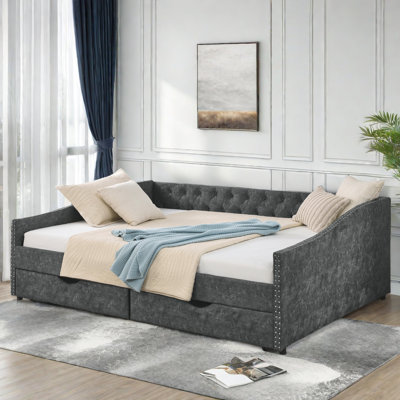 Upholstered Tufted Daybed With Drawers, Copper Nail Decoration And Waved Shape Arms