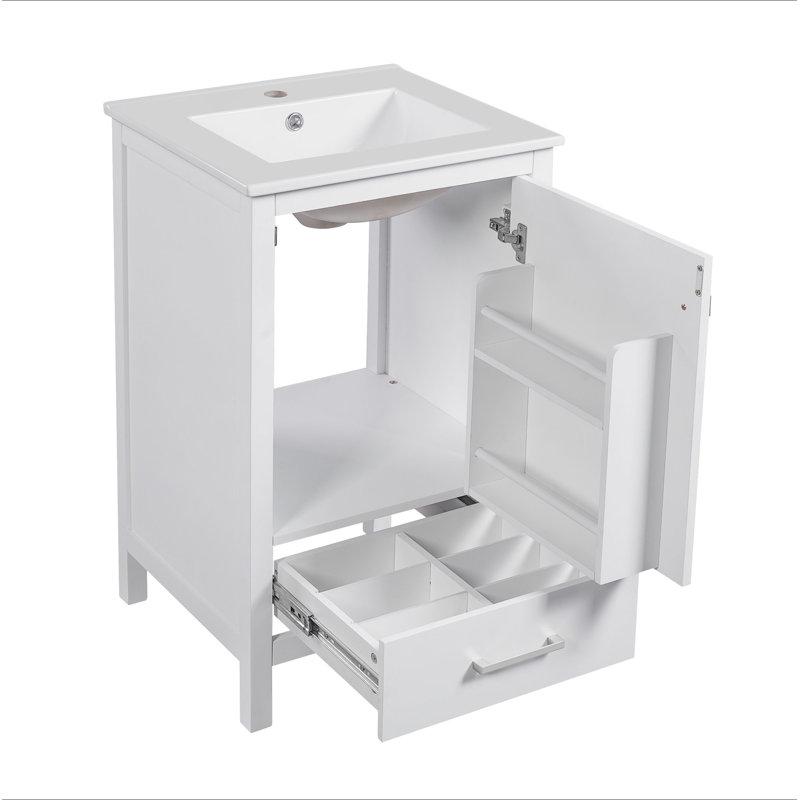 Meuble-lavabo moderne de 20 pouces avec lavabo en céramique, tiroir et porte à fermeture en douceur, organisateur de porte double couche, tiroir de séparation, patins réglables - conception de rangement peu encombrante