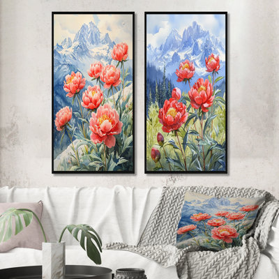 Pivoines et sommets estivaux I - Collection de 2 panneaux muraux floraux