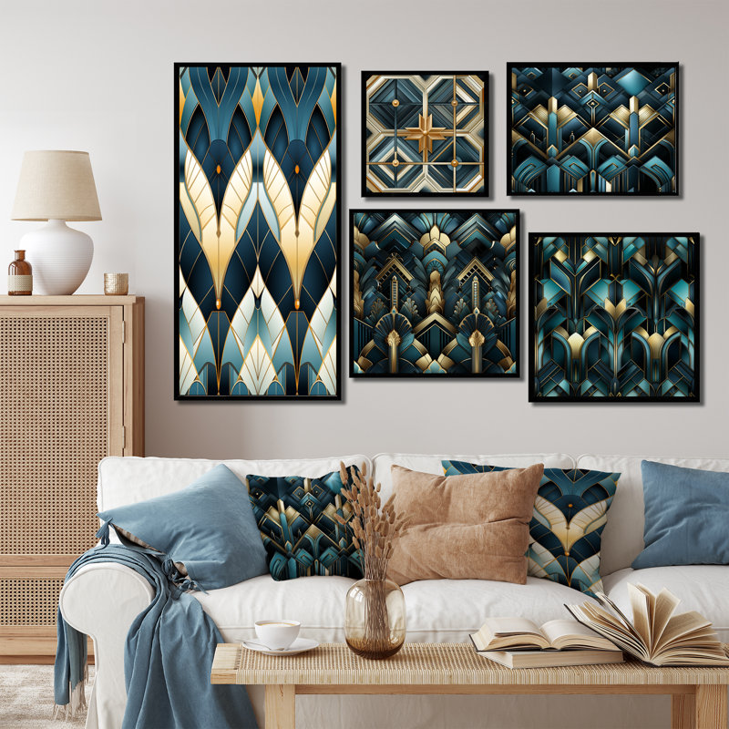 «Watchet - Damask», ensemble de 5 reproductions d'art sur toile, Cadre flottant noir