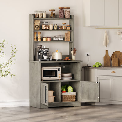 Freestanding Bakers Rack Cabinet with Power Outlet – White & Pear Wood Kitchen Storage with Thick Countertop, 3 Shelves & Closed Cabinet for Dining Room, Gray