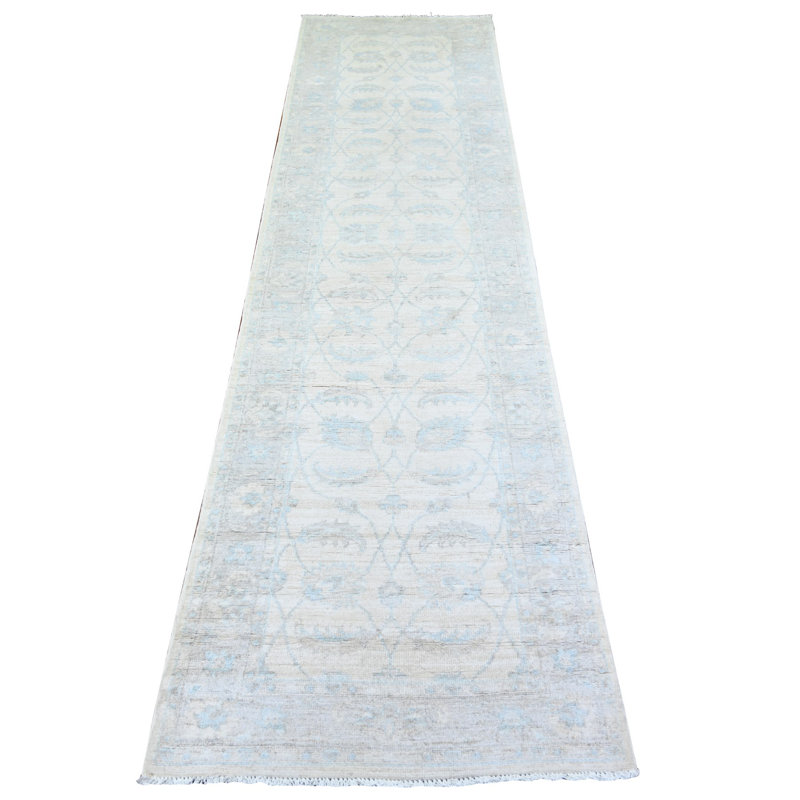Tapis de couloir 2 pi 7 po x 10 pi en laine gris blanc noué à la main Peshawar délavé 18F68A5F4B944C1ABCFB5DA29520E675
