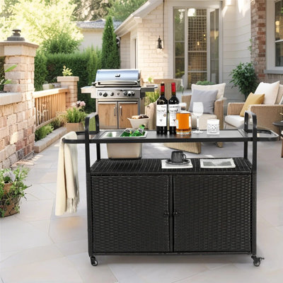 Portable Outdoor Wicker Bar Table, Wheels, Steel Table Top For Patio Kitchen And Bar Cart by Latitude Run