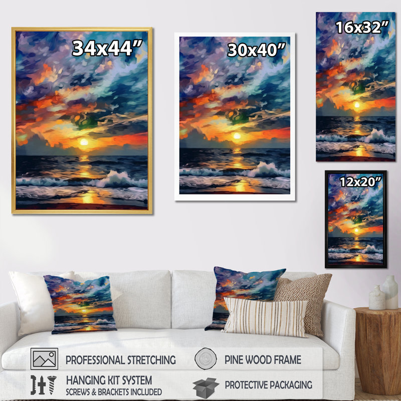 «Majestic Sunset Wild Waves Breaking At Shore», reproduction d'art sur toile, H 32 po x l 16 po x P 1 po, Cadre photo argenté