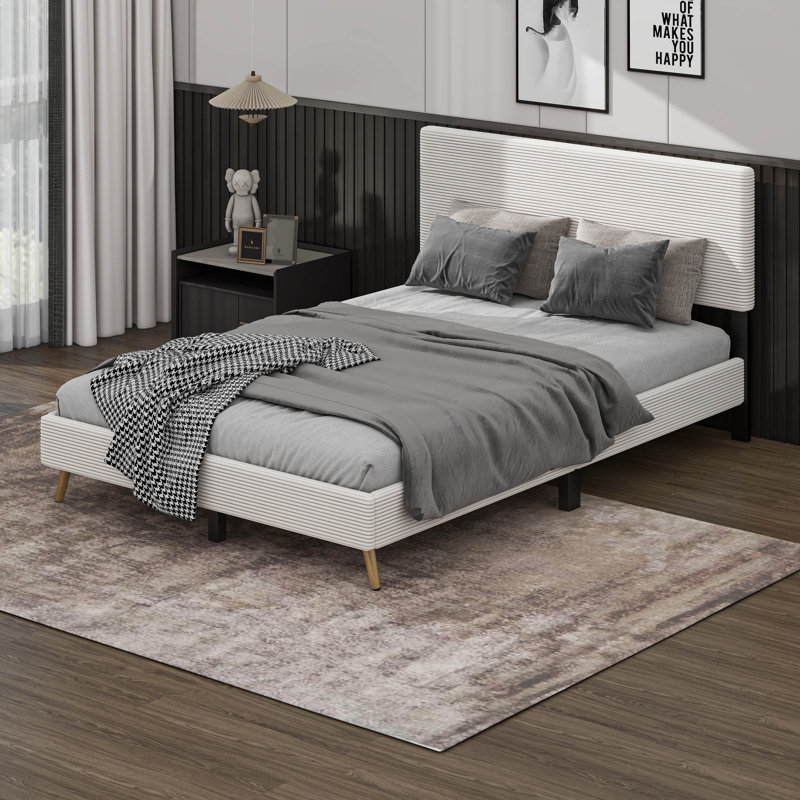 Structure de lit tapissier pour grand lit avec tête de lit à rayures horizontales, Beige