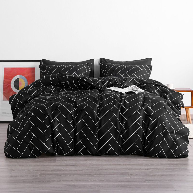 Ensemble de housse de couette avec imprimé texturé et verrou anti-dérapant?, Édredon pour grand lit + 2 taies décoratives pou