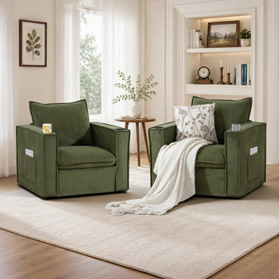 Swivel Accent Chair with Cup Holders Set of 2, Comfy Couch with Side Pockets, Modern Sofa Chair for Living Room, Bedroom, Corner,Green