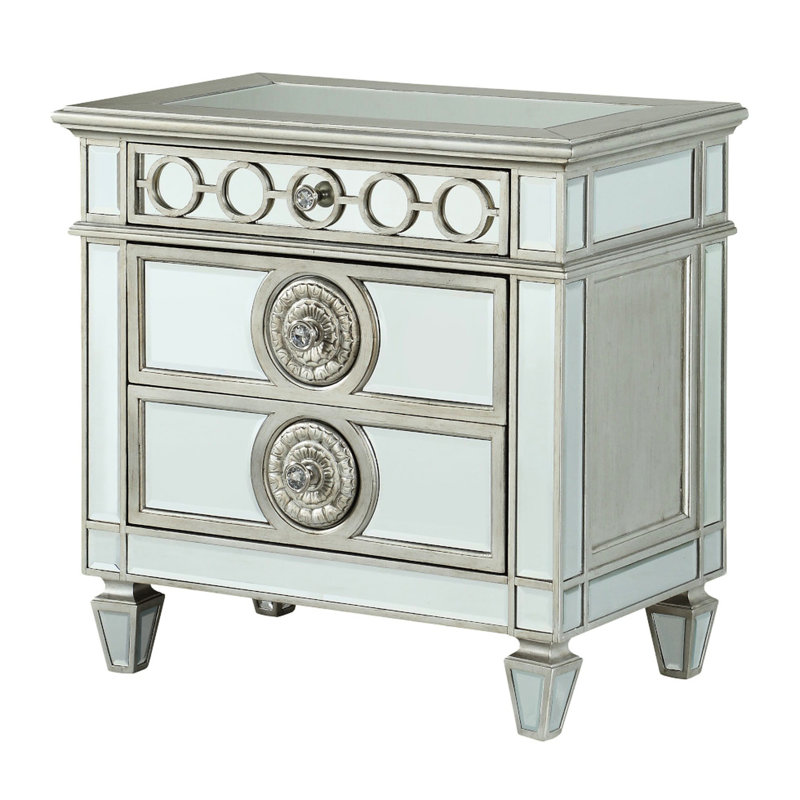 Table de chevet de luxe à miroir argenté - détails géométriques surélevés, table de chevet de rangement spacieuse, garniture exquise de finition, doublée de feutre