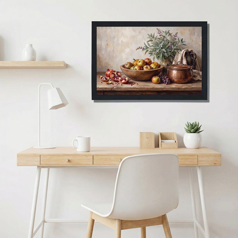 Tableau sur toile représentant des pommes rouges et des grenades dans un bol en bois avec un pot en cuivre, H 24 po x l 36 po