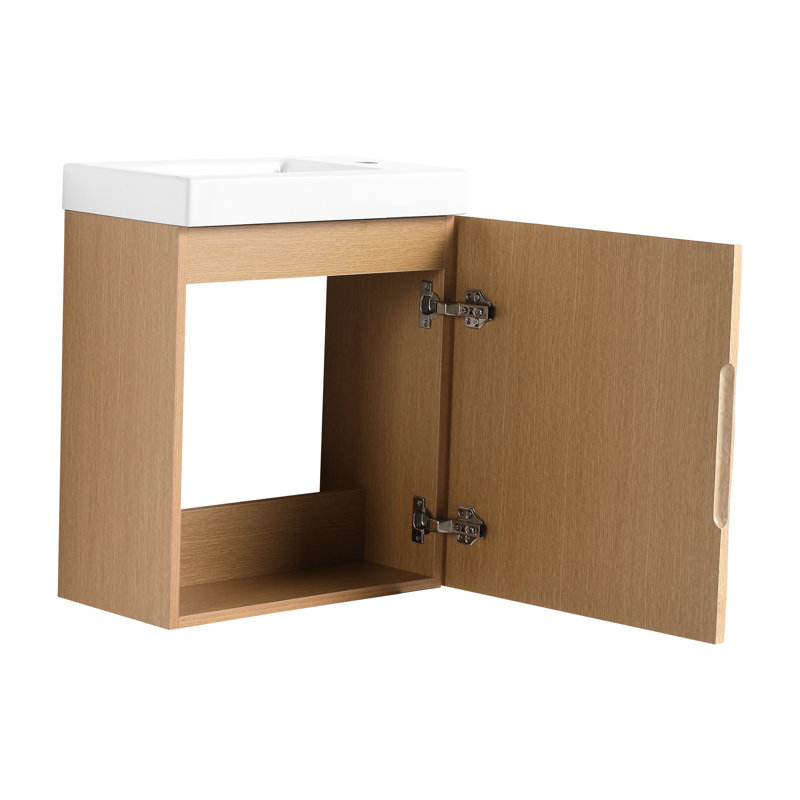 Ensemble de meuble-lavabo mural 18,5 po avec lavabo en résine, porte simple à fermeture en douceur, bois naturel et ensemble de rangement moderne