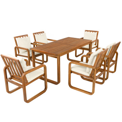 7 Pieces Patio Dining Set Outdoor Dining Table And Chairs Stylish Outdoor Furniture Set With Removable Cushions For Patio, Backyard, Garden, Natural Wood+Beige Cushion
