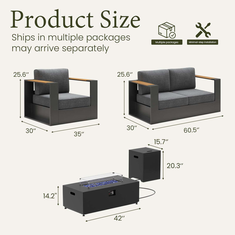  Outdoor Oversized Aluminum  Conversation Set With Firepit Table And 6-inch Cushion, Dark Grey