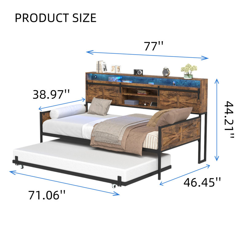 Lit de jour double avec tête de lit avec porte de grange coulissante, support de chargement et tablette lumineuse à DEL pour chambre à coucher et chambre d'amis