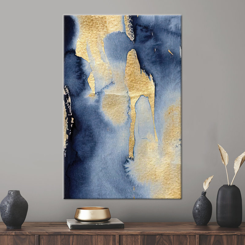 Art moderne abstrait sur toile en bleu et or - Œuvre contemporaine tendance et chatoyante, H 28 po x l 20 po
