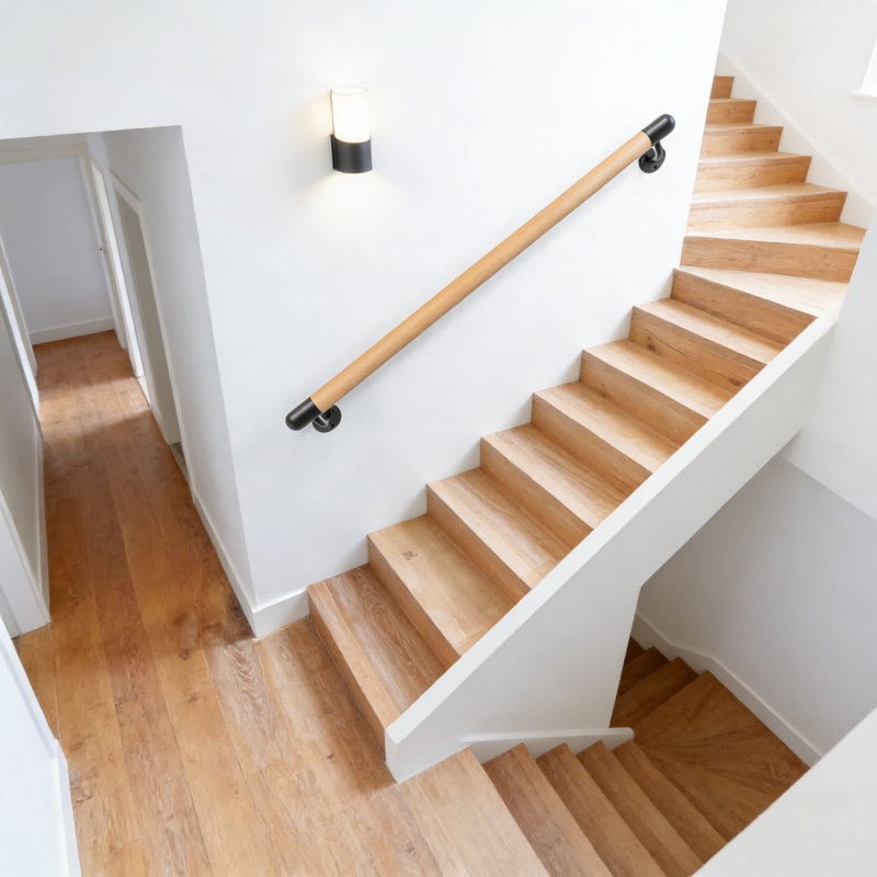 Solid Wood Wall Mounted Stair Handrail With Heavy-Duty Metal Brackets, Non-Slip Safety Grab Bar For Elderly And Barrier-Free Accessibility, Easy Diy Installation For Indoor Stairs And Hallways