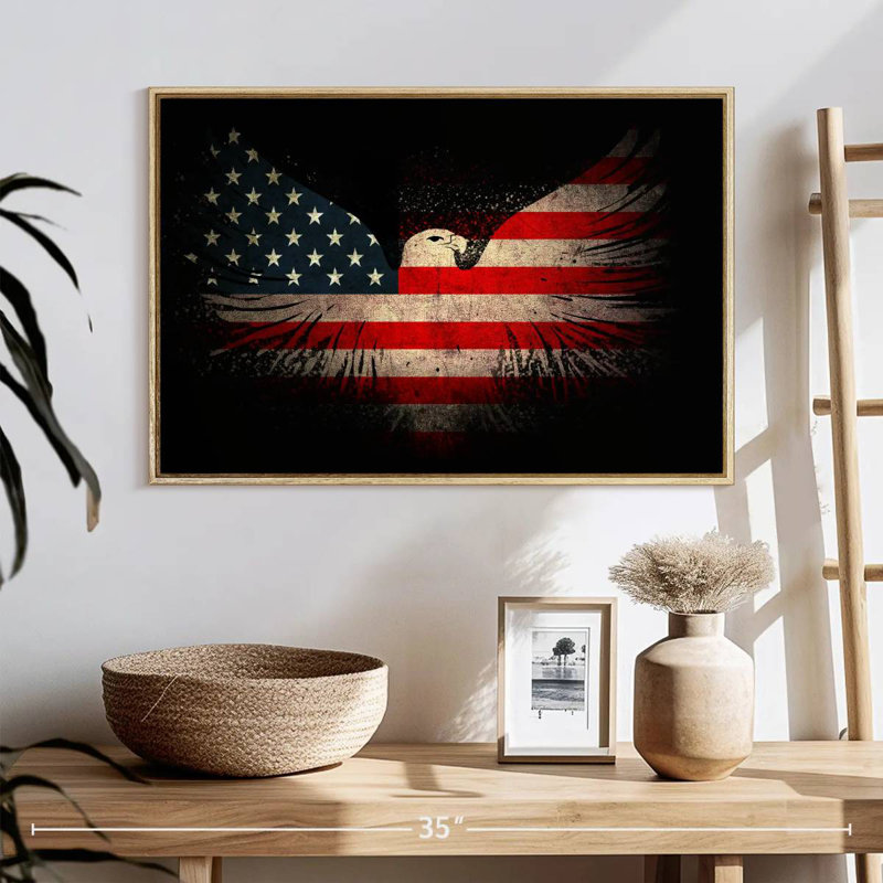 Aigle américain et drapeau, 25 po x 17 po, Cadre flottant en bois naturel
