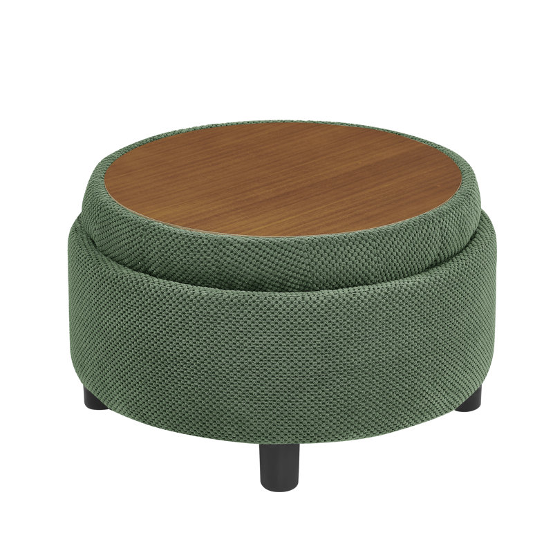 25" W Round Storage Ottoman with Reversible Lid, Button Tufted Upholstered Footstool Modern Small Coffee Table for Living Room