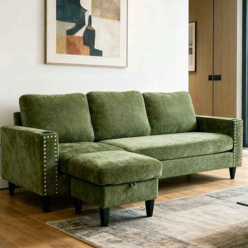 Upholstered L-Shaped 3-Seater Sectional Sofa with Footstool, Green