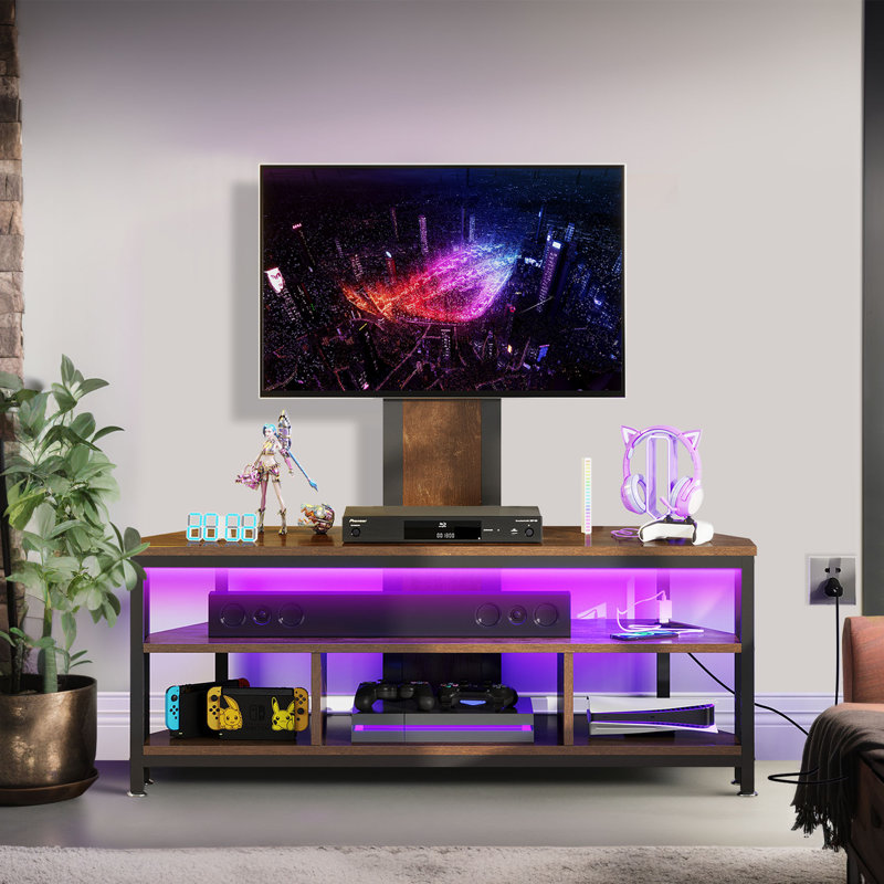 Chardell LED Height Adjustable TV Stand With Mount Storage and Power Outlet, Brown/Black