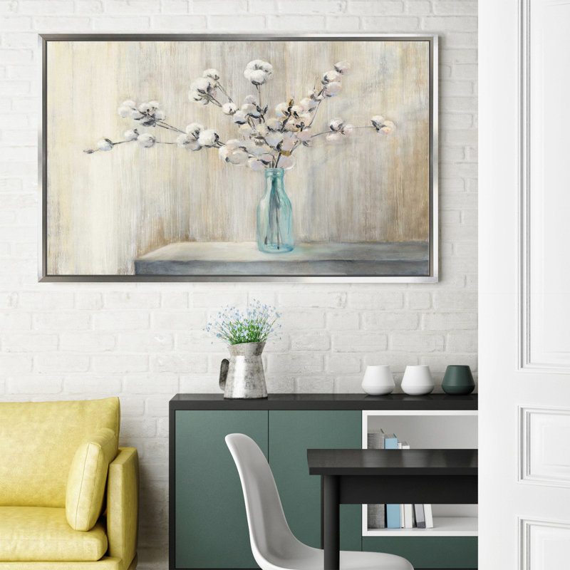 «Cotton Bouquet», reproduction de peinture acrylique, H 27,5 po x l 43,5 po x P 2 po, Cadre flottant argent
