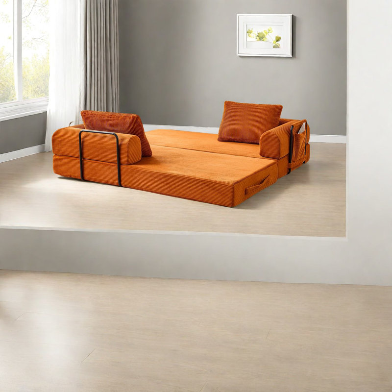 Space-saving Convertible Sofa, Corduroy Upholstered, Modern Orange Design