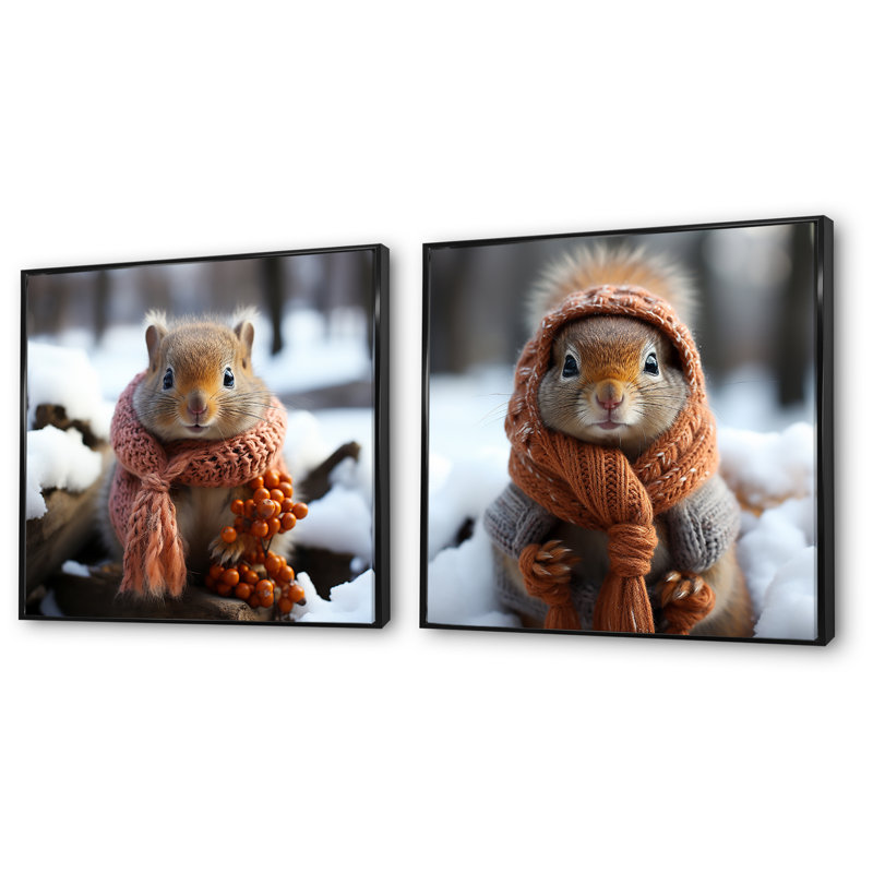 «Dressed Squirrel In Morning Snow I», ensemble de 2 reproductions d'art sur toile écureuil, Cadre flottant noir
