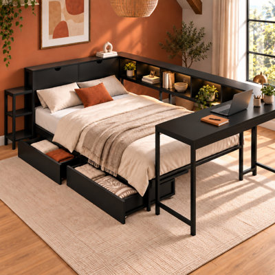 Queen Drawer Panel Standard Bed with Mattress with Bookcase with Desk with Trundle Bed with Shelves
