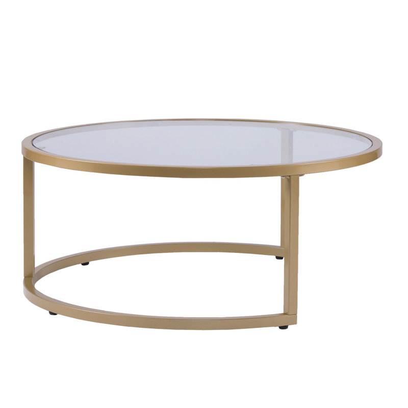 Ensemble de deux tables basses rondes en verre doré, H 14,75 po x l 35,5 po x P 35,5 po, Rouge / Or, Bois