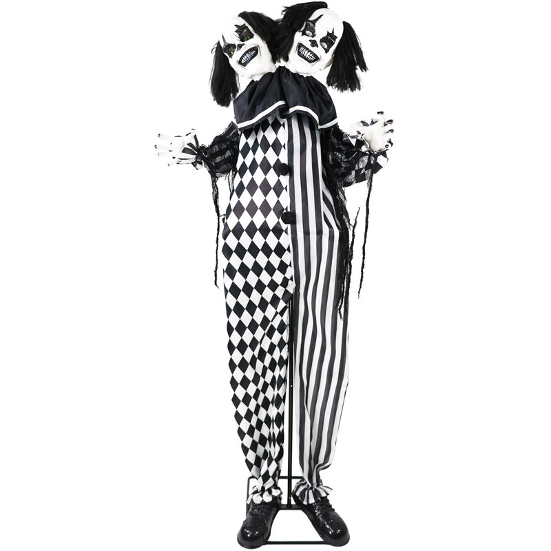 Clown de cirque effrayant Haunted Hill Farm 5,5 pi. Scary Halloween clown à deux têtes animatroniques avec lumières et sons tactiles