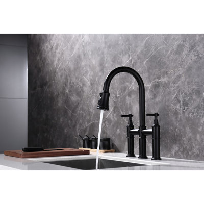 Matte Black Bridge Style Kitchen Faucet - Pull-Down Spray, Fine Flow & Temperature Control, 360-Degree Rotating Spout, Brass With Function Dual Handle For Nozzle, Strong