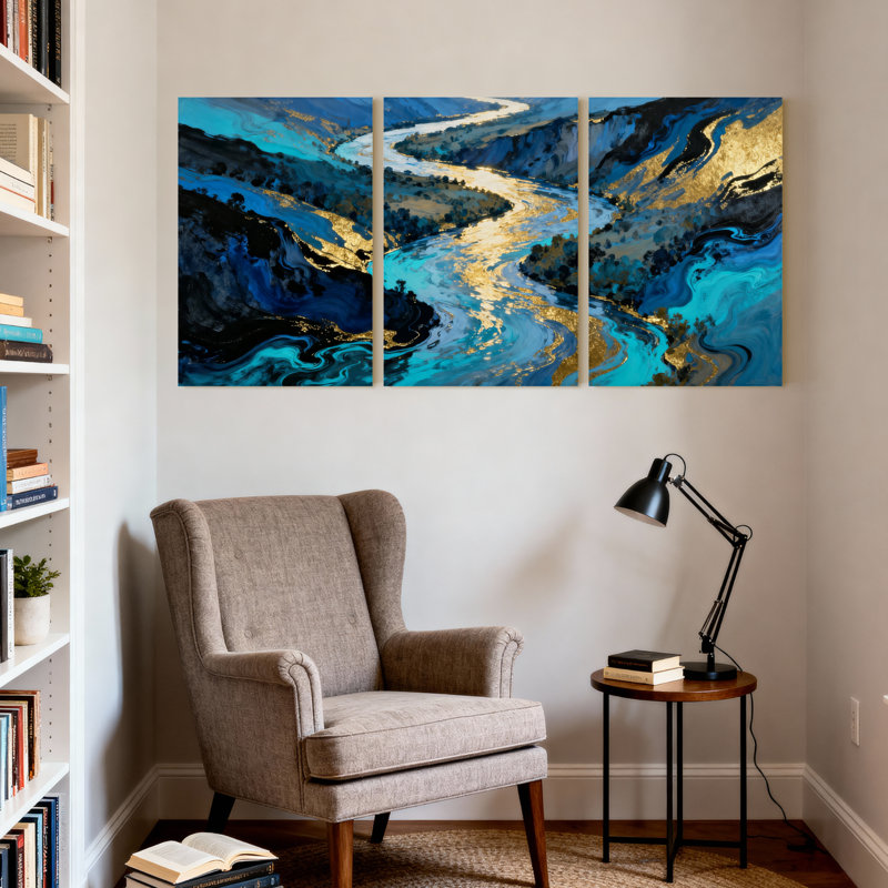 «Abstract Blue Gold River Landscape», ensemble de 3 reproductions d'art sur toile, H 18 po x l 36 po