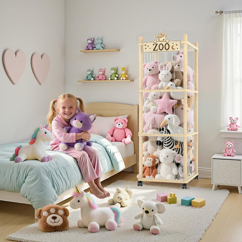 Rangement pour peluches - Zoo en bois épais pour salle de jeux et chambre, grand support pour peluches avec design de cage de prison, étagère tour d'exposition pour peluches (grand format), corbeilles à papier