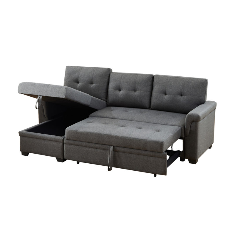 Lucca 84"W Dark Gray Linen Reversible Sleeper Sectional Sofa With Storage Chaise, Dark Gray Linen