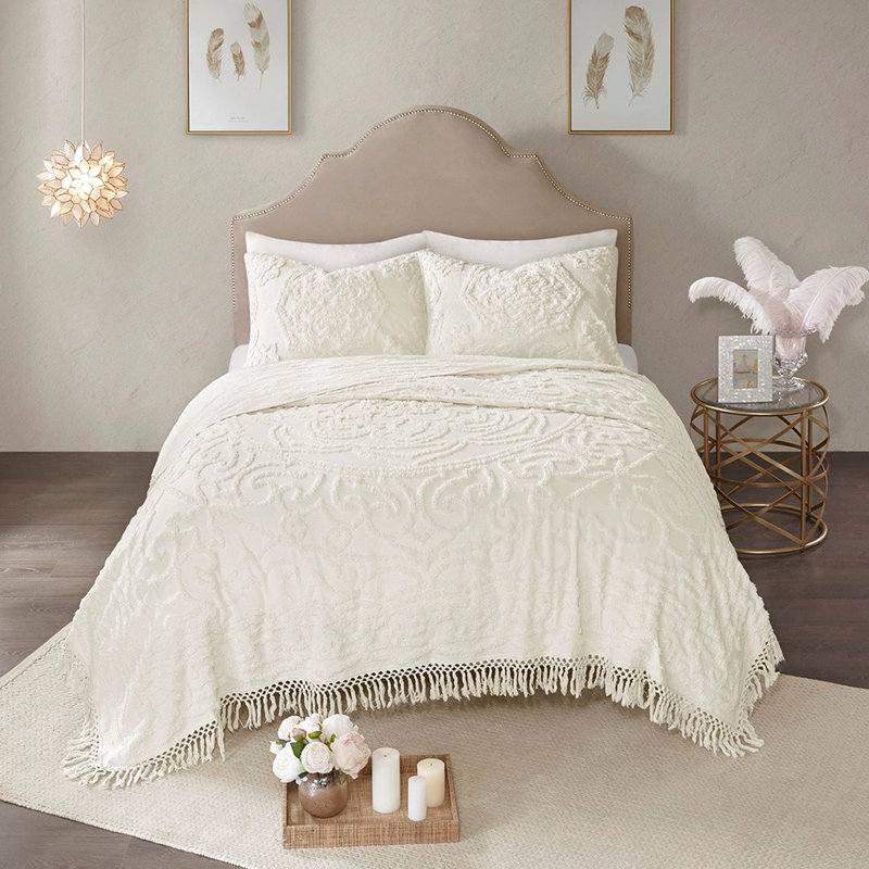 Couvre-lit médaillon 100% coton chenille - couvre-lit double pour chambre à coucher d'inspiration mondiale, Blanc cassé