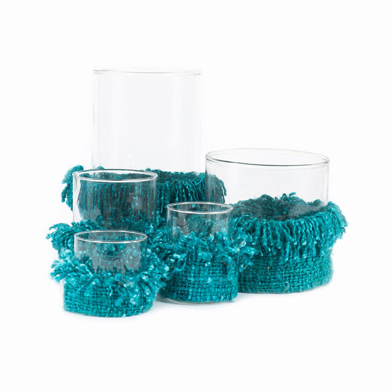H Glass Tabletop Pillar Holder with Candle Included, 25cm H x 15cm W x 15cm D, Aqua