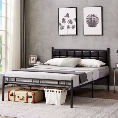Faux Leather Upholstered Platform Bed Frame with Foam Padded Headboard, Tufted Metal Bed with Support Legs, 13" Underbed Storage, No Box Spring Needed
