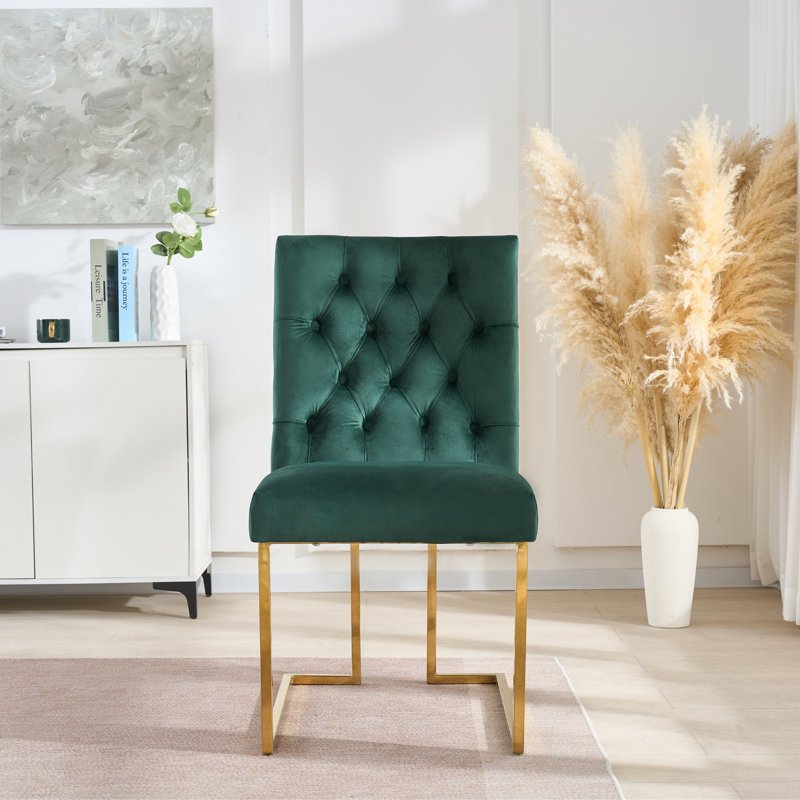 Luxury Tufted Velvet Dining Chair With Gold Frame, Green