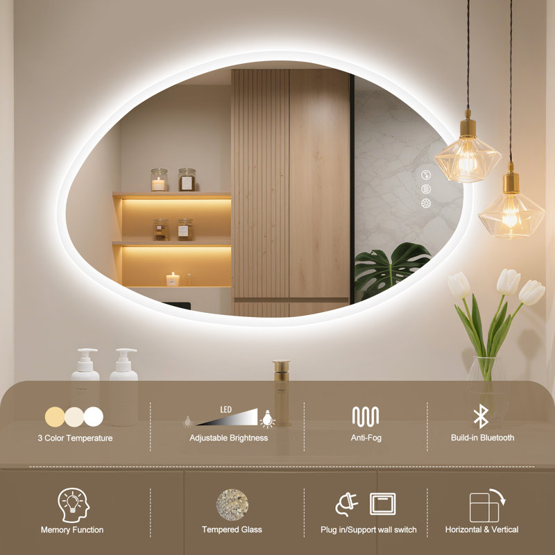 Artistic Irregular LED Mirror, Adjustable Brightness & Color, Egg-Shaped