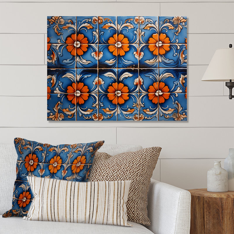 Motif floral mosaïque bleue et orange 3 - Boho, H 12 po x l 20 po x P 1 po