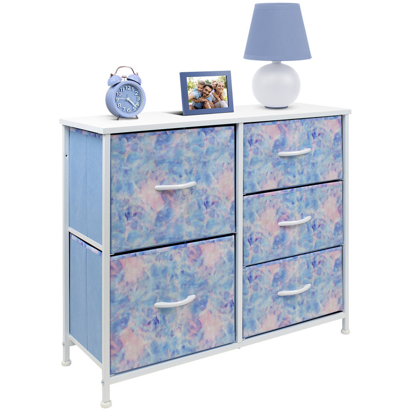 Commode 5 tiroirs l 33,5 po, Teinture sur nœuds rose / bleu