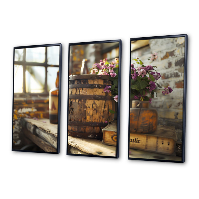 Floral Rustic Barrel Charm I - Rustic Wall Decor Set, 28" H x 36" W x 1" D, Black Floater Framed Canvas