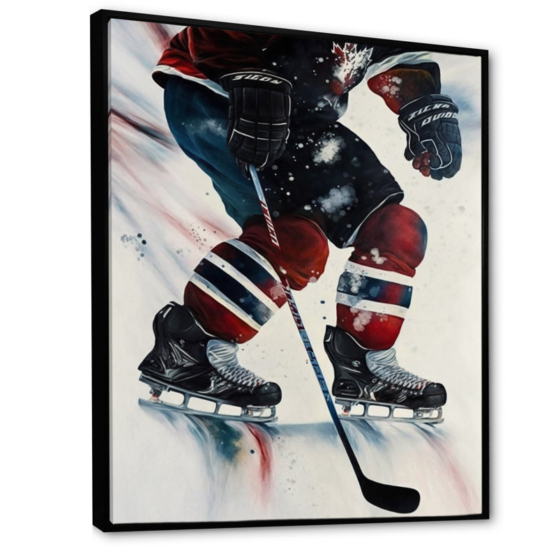 Hockey sur glace pendant le match II - reproduction sur toile, H 32 po x l 16 po x P 1 po, Cadre flottant noir