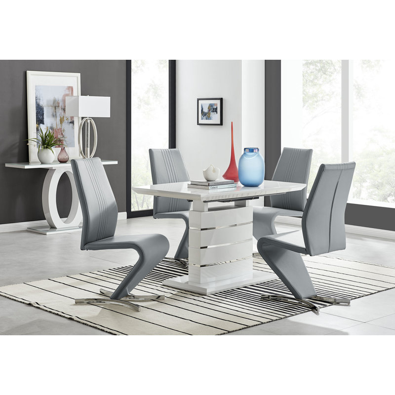 Eubanks 120Cm High Gloss Extending Dining Table And 4 Black Chairs, Grey/Silver