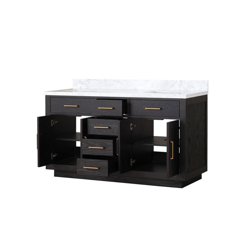 Meuble-lavabo double en chêne noir avec plateau en marbre de Carrare, H 34,12 po x l 22 po x P 60 po