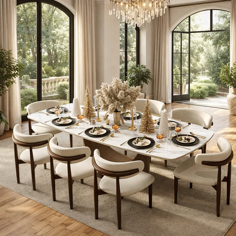Modern 5/7 Pieces Dining Room Sets, Pre-Assembly Rectangular Dining Table Sets, Sintered Stone Tabletop Kitchen Dining Table Set With Upholstered PU Leather Chairs