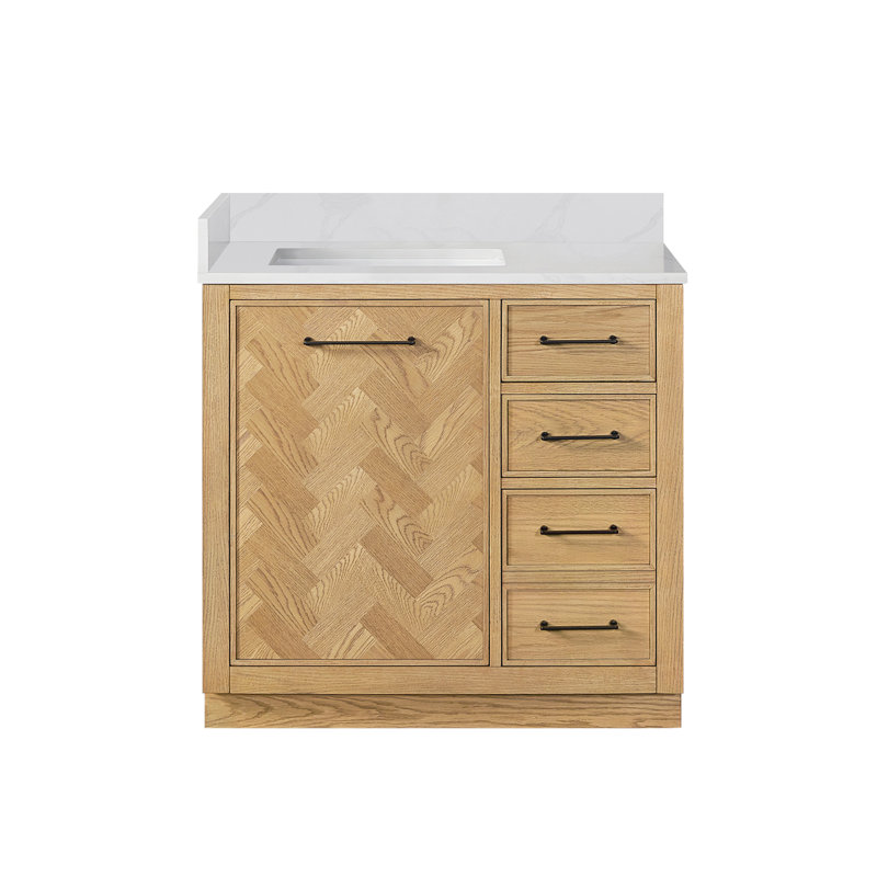 Meuble-lavabo simple 36 po avec plateau en pierre de quartz blanc Jakarta, Chêne brun clair patiné, Noir mat