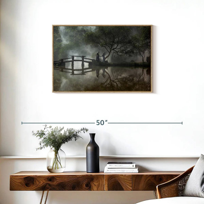 Balade vietnamienne au lac, 31 po x 21 po, Cadre flottant en bois naturel