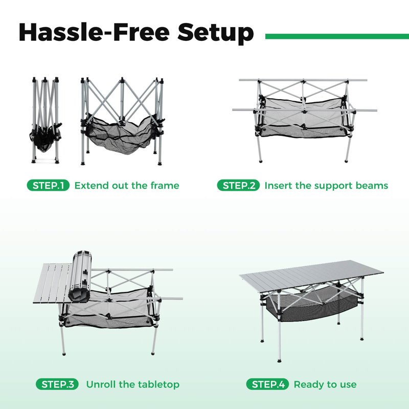 Patio Folding Camping Table with Aluminum Roll-up Tabletop & Mesh Basket , Silver Top/White Base